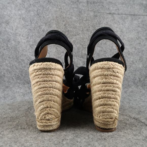Express Shoes Womens 6 Wedge Sandals Espadrille Platform Black Ankle Wrap Tie - Picture 6 of 12